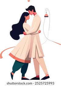 Minimalistic vector illustration of muslim indian couple hugging each other in love