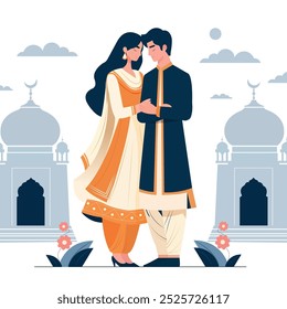 Ilustración vectorial minimalista de pareja musulmana india abrazándose en el amor