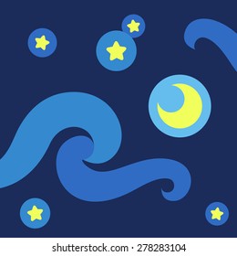 Minimalistic vector illustration of a night sky illuminated with stars and a crescent moon.