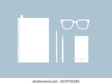 Minimalistic vector illustration of office items including notebook, pens, smartphone, and glasses on a light blue background. Flat lay style. Office and stationery concept. Design for posters, banner