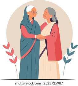 Minimalistic vector illustration of Old Aged Indian lesbian couple standing next to each other and hugging in love