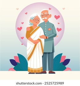 Minimalistic vector illustration of Old Aged Indian couple standing next to each other and hugging in love