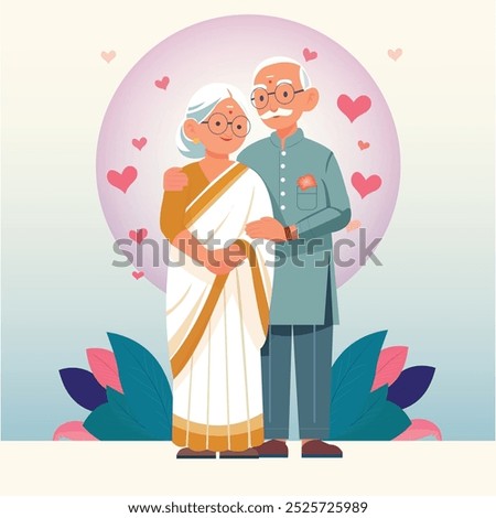 Minimalistic vector illustration of Old Aged Indian couple standing next to each other and hugging in love