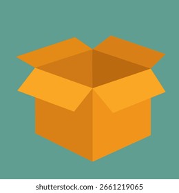 Ilustración vectorial minimalista de una caja de cartón naranja abierta que representa los conceptos de almacenamiento, movimiento o embalaje, contra un fondo verde azulado limpio para el diseño y el uso conceptual.