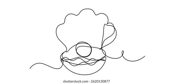 Ilustração vetorial minimalista de uma concha aberta com uma pérola desenhada em uma única linha contínua. Perfeito para beleza moderna, joias e marca de moda ou embalagem