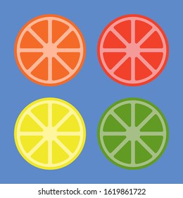 A minimalistic vector illustration of an orange, grapefruit, lemon and lime on blue background