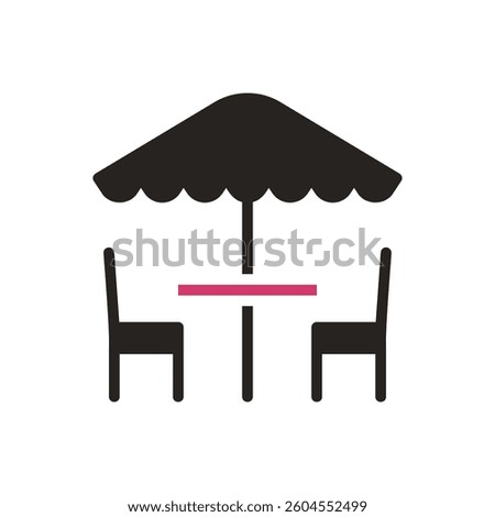 A minimalistic vector illustration of an outdoor dining area with a table, chairs, and umbrella, perfect for conveying a summer vacation or restaurant theme.