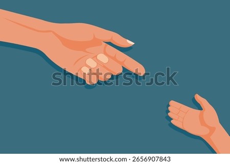 Minimalistic vector illustration of the outstretched hands of a child and an adult, symbolizing care, support, and connection