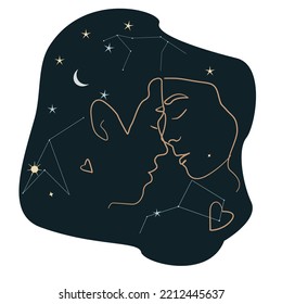 Minimalistic vector illustration of a pair with one line on a blue background with patterns of stars and constellations. Space concept, astrologers, horoscope for lovers, compatibility of zodiac signs