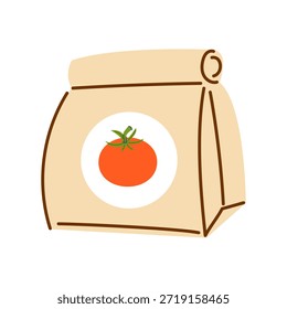 Minimalistic vector illustration of a paper bag or envelope with seeds with a red label for tomato. Gardening and home growing concept.