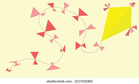 Minimalistic vector illustration. Paper kite in the upper right corner. Wavy tail with bows over the entire area. Colorful tassels on the corners. Monochrome background in light sand color.