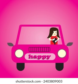 Minimalistic vector illustration. Passenger car from the front view. Car in shades of pink. Woman behind the wheel. License plate of the car with the inscription: happy. Woman, car, pink color