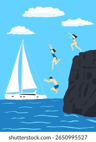 Minimalistic vector illustration of people jumping into the water from a cliff near a sailing boat on a summer day. In the background is a blue sky with clouds, the sea and a white yacht catamaran