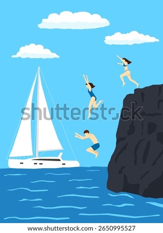 Minimalistic vector illustration of people jumping into the water from a cliff near a sailing boat on a summer day. In the background is a blue sky with clouds, the sea and a white yacht catamaran