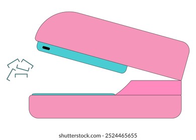 Ilustração vetorial minimalista de um grampeador rosa e azul com grampos. Perfeito para desenhos com temas escolares e ilustrações de material de escritório.