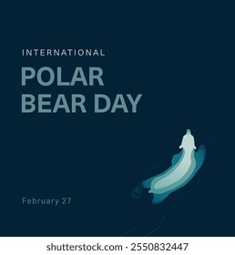 Minimalistic vector illustration of a polar bear swimming in dark water. Polar Bear Day square banner or card design template. Arctic wildlife survival awareness
