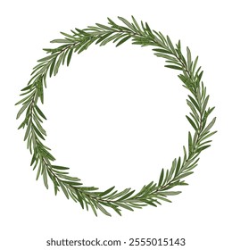 Minimalistic vector illustration of a rosemary wreath, perfect for eco-friendly Christmas decor or sustainable celebrations, featuring natural green leaves in a circular design.