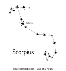 Minimalistic vector illustration of the Scorpius constellation with Antares star. Perfect for astrology, astronomy, zodiac enthusiasts, celestial maps, and space-themed designs.