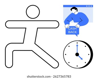 Uma ilustração vetorial minimalista mostrando uma figura humana em uma pose de alongamento, um relógio indicando o tempo e uma pessoa recebendo uma notificação de cash back. Ideal para gerenciamento de tempo, finanças