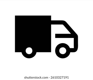 A minimalistic vector illustration shows a black delivery truck with rounded wheels. The design emphasizes simplicity and clarity, suitable for various transport related themes.