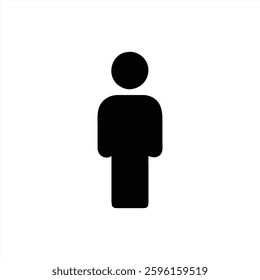 A minimalistic vector illustration of a standing person in black. The design features a simplified human form against a white background, emphasizing shapes and outlines.