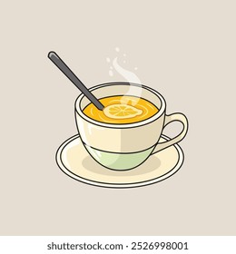 A minimalistic vector illustration of a steaming cup of ginger tea, placed on a plain background, with a lemon slice and a piece of ginger beside the cup. 