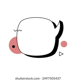 Minimalistic vector illustration of a stylized speech bubble with abstract shapes and elements in black, white, and coral. Ideal for modern design projects, communication concepts, creative graphics