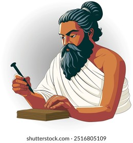 Minimalistic vector illustration of Thiruvalluvar ancient Tamil poet, father of Tamil literature, writing Thirukkural