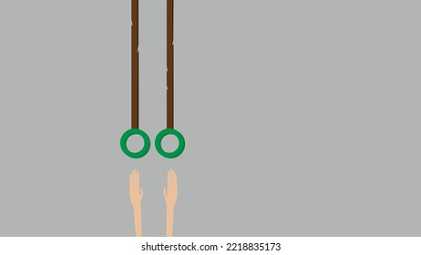 Minimalistic vector illustration. From top to bottom, gymnastic rings hang from straps. Hands protrude from below, missing a piece to catch the rings.