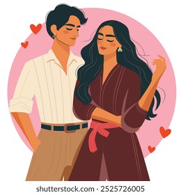 Minimalistic vector illustration of Trans Indian couple in love standing together hugging