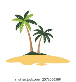 A minimalistic vector illustration of a tropical island featuring two lush green palm trees on golden sand. Perfect for travel, vacation, and nature-themed designs or creative projects."