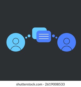 Minimalistic vector illustration of two people communicating through speech bubbles. Represents conversation, communication, messaging, and social interaction. Flat design style with blue tones 