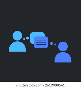 Minimalistic vector illustration of two people communicating through speech bubbles. Represents conversation, communication, messaging, and social interaction. Flat design style with blue tones 
