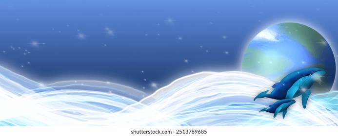 A minimalistic vector illustration of whales swimming in calm waters under a serene sky, perfect for nature-inspired projects and marine-themed designs.
