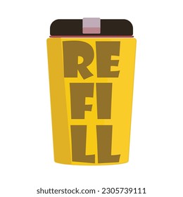 Minimalistic vector illustration of a yellow coffee tumbler with lettering Refill
