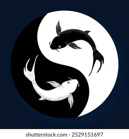 Ilustración vectorial minimalista de los símbolos del Yin Yang con dos peces koi nadando en la religión y la filosofía chinas