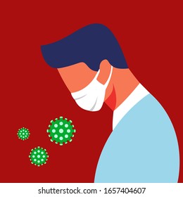 Imagen vectorial minimalista de un médico con mascarilla facial con gérmenes verdes voladores