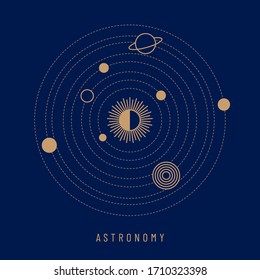 Minimalistic vector image of galaxy. Golden planets of the solar system in their orbits around the shining sun on a dark blue background. Stylish concept for cover, poster, print, invitation or card.