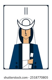 Minimalistic vector image of high priestess tarot card in blue and white colours 