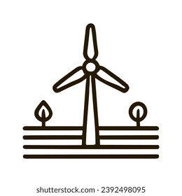 Minimalistic vector image of a wind turbine against the backdrop of silhouettes of trees, which symbolizes renewed energy and environmental cleanliness