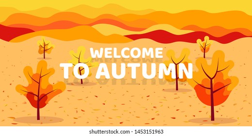 Minimalistic vector landscape. Autumn. Falling leaves on the ground. Yellow red trees. Panoramic background. Wallpaper