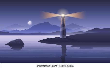 Minimalistic vector landscape background of mountains for your design. Illustration of a lighthouse on a dark night.