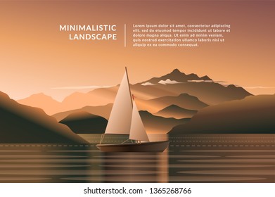 Minimalistic vector landscape background for your design. Color hill silhouette background with yacht. 