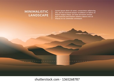 Minimalistic vector landscape background for your design. Color hill silhouette background with yacht. 