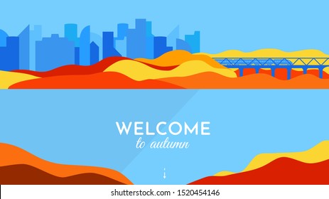 Minimalistic vector landscape. Flat style background. Autumn wallpaper. City near water with transport connection. The train goes over the bridge. Template with copy space for text. Wavy hills.