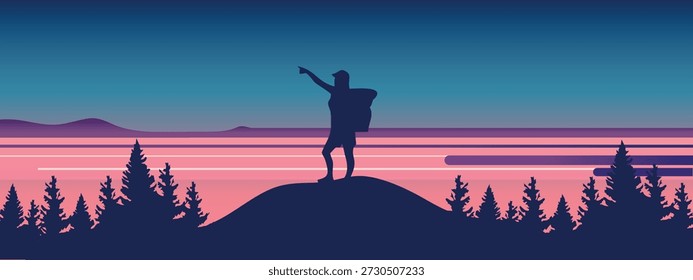 Minimalistische Vektorlandschaft im flachen, dampfförmigen, synthwave-Stil. Silhouette eines Reisenden mit einem Rucksack, der auf einem Hügel steht und die Hand hebt. Vordergrund: Silhouette eines Tannenwaldes.