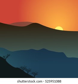a minimalistic vector landscape with a sunset and mountains