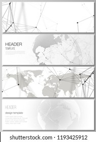 The minimalistic vector layout of headers, banner design templates. Futuristic geometric design with world globe, connecting lines and dots. Global network connections, technology digital concept.