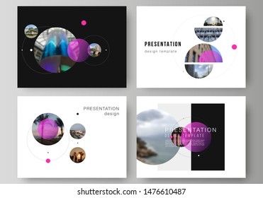 The minimalistic vector layout of the presentation slides design business templates. Simple design futuristic concept. Creative background with circles and round shapes that form planets and stars.