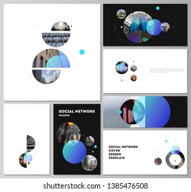 The minimalistic vector layouts of modern social network mockups in popular formats. Simple design futuristic concept. Creative background with circles and round shapes that form planets and stars